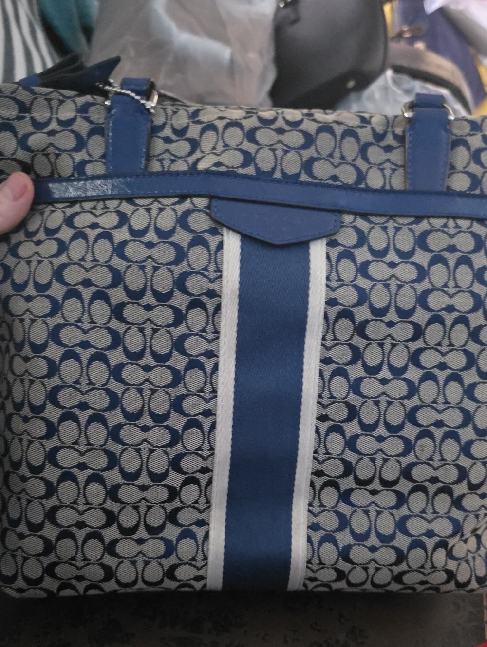 Coach Blue Signature Jacquard Tote with Navy Trim